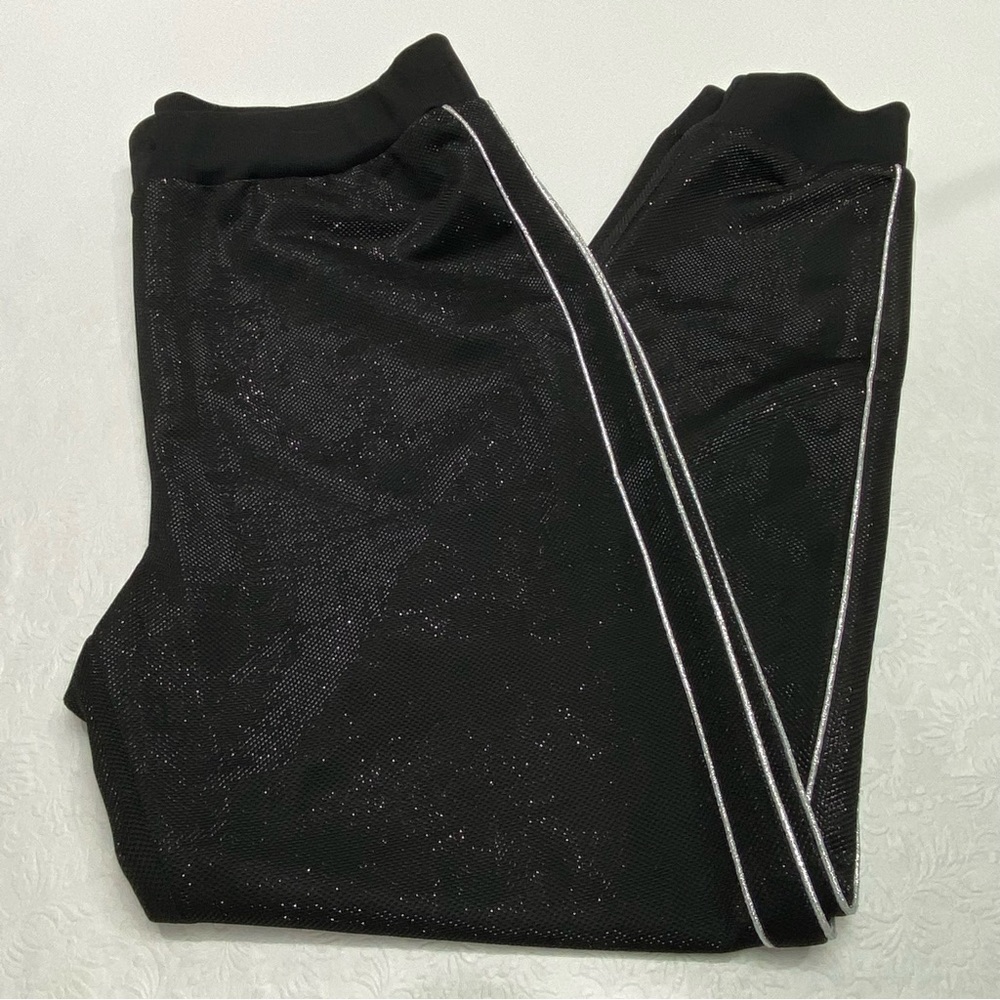 Forever 21 Sz large black sparkly pants with white side stripe preowned GUC